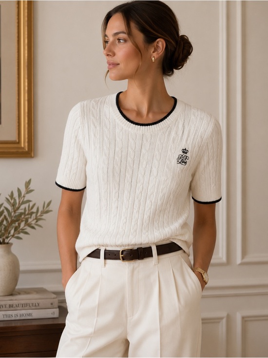 Ralph Lauren Sweaters - Lauren Ralph Lauren Cable Knit Sweater | 100% Cotton | Cream & Black Trim | XL